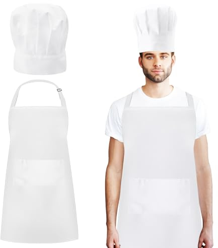 VOSSOT Set di cappelli da cuoco e grembiule, Grembiule Cucina Uomo Donna, Grembiule Cucina Impermeabile Regolabile Cappello Cuoco con due tasche, per la cucina domestica Fai da te, Pittura