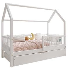 TIMBEE ZOJA - Box Holzbett - in Hausform mit Rundstäben und Einer Schublade - Skandinavischer Stil - Massive Konstruktion aus Naturholz - Option mit Schublade - Weiß - 70x140cm
