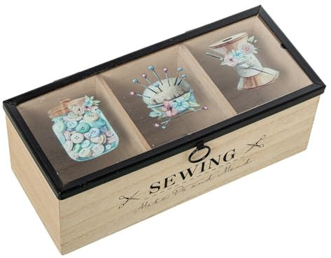 DRW Costurero Caja de Costura de Madera con Tapa de Cristal en Natural y Negro 24x10x9 cm