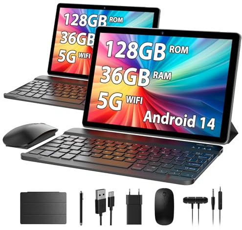 TIGERFU Tablet, Tablet 10 Pollici Android 14, 36GB RAM+128GB ROM(TF 1TB), 5G/2.4G WiFi, Octa-Core 2.0 GHz, BT 5.0, Batteria 8000mAh, 8MP+5MP, Tab 2 in 1 con Tastiera, Penna, Mouse - Grigio