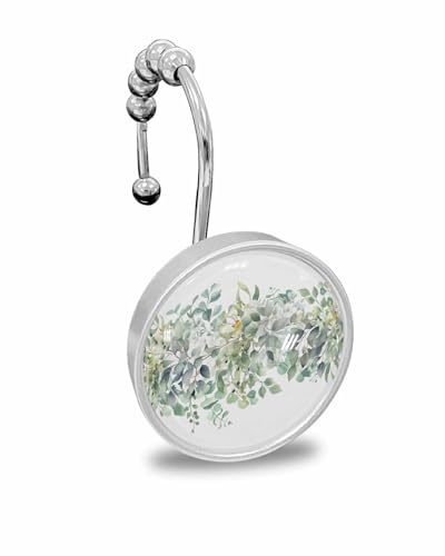 Shower Curtain Hooks Set of 12, Green Plant Eucalyptus Leaf Pattern Crystal Glass Showers Curtains Rings, Bathroom Decorative Rod Stainless Steel Rust Proof Roller Hangers Hook