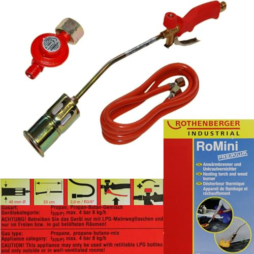 RoMini Premium Anwärmbrenner Unkrautvernichter mit Regler – Hochleistungsbrenner für Abflamm-, Heißklebearbeiten, Unkraut- & Moosbeseitigung, Gartenarbeiten, Asphalt- & Teer-Arbeiten, Propanschlauch