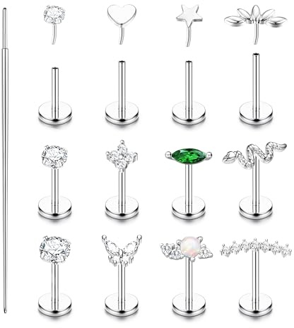 KALVICA 12 Pcs Piercing Tragus Acier Chirurgical Hypoallergénique Piercing Nez Or/Argent Piercing Labret Levre Helix Conch Cartilage Oreille Pour Femme 16G/18G/20G