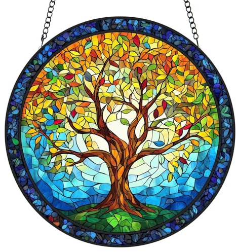 Tree of Life Stained Glass Window Hanging - Sun Catchers for Indoor/Outdoor Décor | Artisan Glass Panels for Home & Garden Wall Art | Unique Suncatcher Housewarming Gift for Home Decoration | Artisan Glass Panels for Home & Garden Wall Art | Unique Suncatcher Housewarming Gift for Home Indoor/Outdoor Decoration
