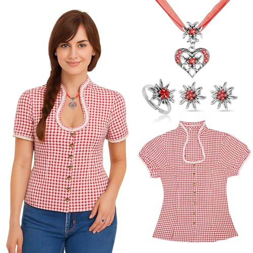 ZJKUBOIS Trachtenbluse Damen Set, Oktoberfest Damen Outfit - Bayrische Bluse Rot Weiß Kariert(DE/NL/SE/PL, Numerisch, 40, Regular, Regular, Rot Weiß Kariert)