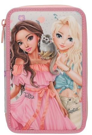 Depesche 13324 TOPModel Juicy - Gefüllte 3-Fach Federtasche in Creme und Rosa, mit Model Motiv, Äffchen und buntem Muster, Federmappe mit Buntstiften, Schere, Lineal uvm.