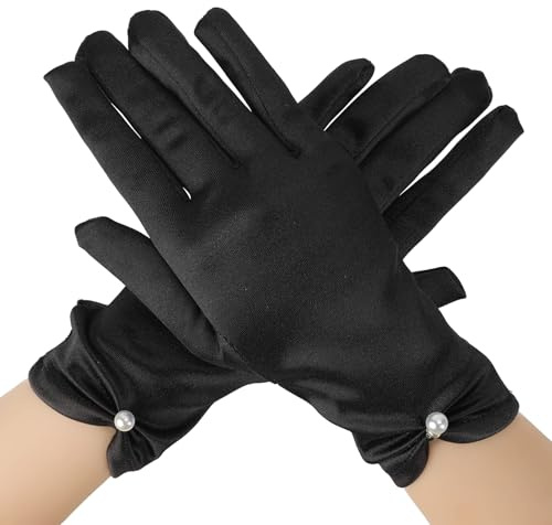 SycloPak Elegante Schwarz Satin Handschuhe Brauthandschuhe aus mit Perlen Damen für Halloween, Sommer Hochzeit & Opernball