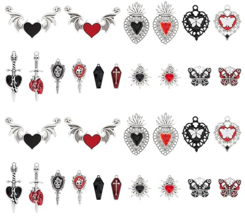 CRAFTYMELODY 32 Stück 16 Stil Gothic Herz Charm Anhänger Legierung Emaille Rot Schwarz Silber Kreuz Fledermaus Totenkopf Sarg Charms Gothic Stil Anhänger