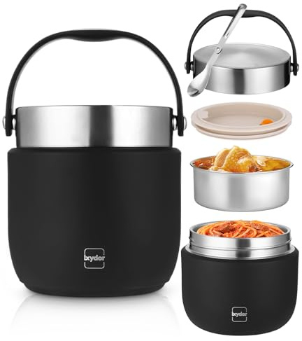 Boîte Repas Isotherme 1200ml,Thermos Alimentaire Chaud, Récipient Alimentaire Isotherme Anti-Fuites avec Cuillère, Thermos pour Déjeuner Garde au Chaud/Froid pour Bureau, École, Pique-nique, Noir