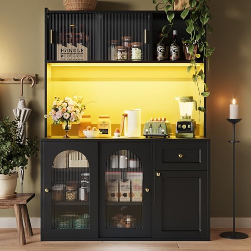 PUGSDRLY Buffet de Cuisine avec éclairage LED,Vitrine,Meuble de Rangement avec étagères réglables et Porte coulissante en Verre,Buffet Haut pour Cuisine,Salon et Salles à Manger,120x35x167cm (Noir-C)
