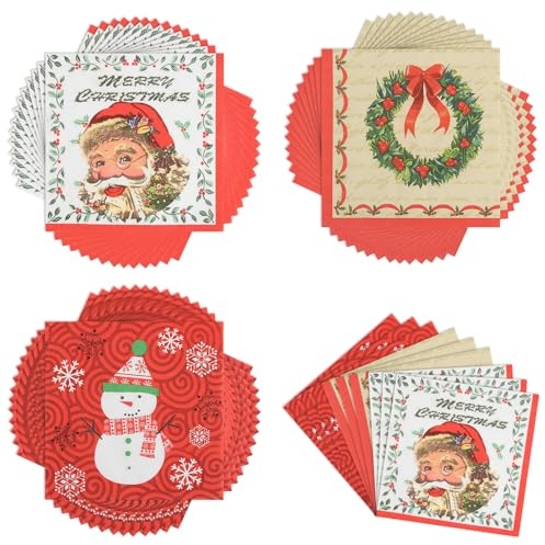 Weihnachten Servietten, 60 Stück Weihnachtsservietten Weihnachtliche Tischdeko, 3 Designs Weihnachtsservietten mit Weihnachtsbaum Weihnachtsmann Schneeflockenmotiv für Weihnachten Silvester