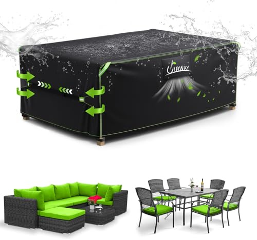 UIRWAY Outdoor Garden Furniture Cover Waterproof 180x120x74cm, Heavy Duty 420D Patio Table Cover with Air Vents, Windproof Straps & Reflective Strips for Sofa Sets
