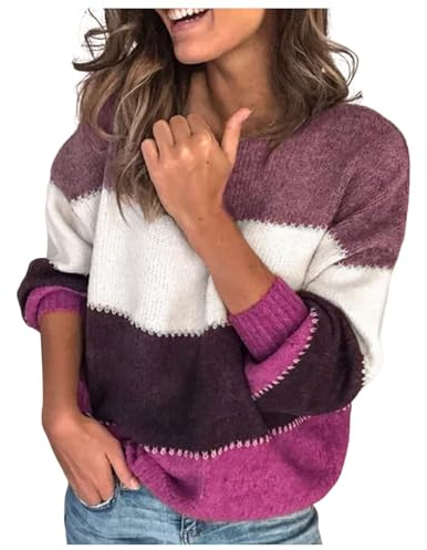 Pull Chaud Femme Manche Longue- Pull Hiver Rayures Couleur Assortie Col Rond Coupe Ample Décontracté Sweater Chic Et Élégants Confortable Doux Tempérament Pullover Passe-Partout Chandail