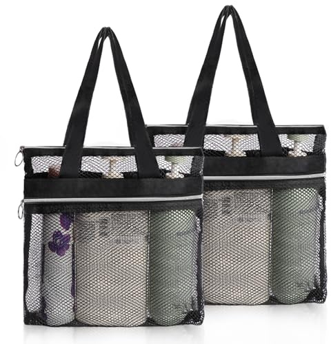 OSDUE Lot de 2 Sac de Douche en Maille, 24 x 25 cm Filet Portable Transparent avec Fermeture Éclair, Grande Capacité Pochettes pour Piscine, Voyage, Plage, Fitness et Natation (Noir)