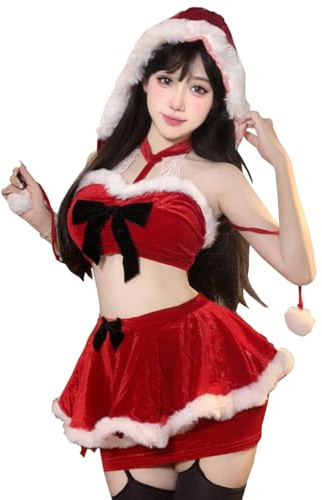 Fru Claus kostym för kvinnor 4 st sexiga julunderkläder röd sammet jultomte babydoll topp och kjol set med hatt