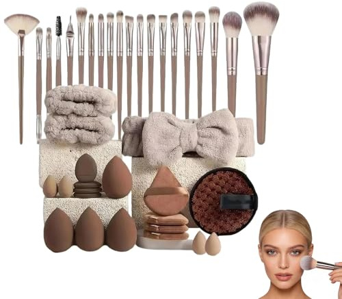 40Pcs Makeup Brush Set, Coffee Brown Professional Makeup Tool Kit, Includes Foundation, Eyebrow, Eyeliner, Concealer Brushes - Pink with Case, Ideal for Christmas, Birthdays and Party