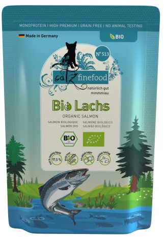 CATZ finefood Organic - Nourriture Bio pour Chat - Saumon - Nourriture Humide monoprotéine de qualité Bio pour Chats - Alimentation adaptée à l'espèce avec 94% de Poisson - Fabriqué en Allemagne (6 x