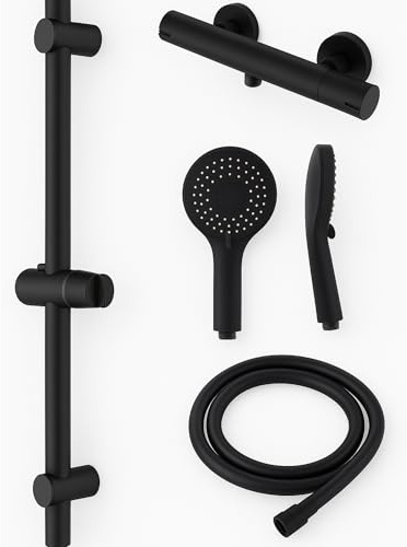 Clever Ideal Kit barre de douche thermostatique et rail Noir – Pommeau rond, rehausseur réglable et tuyau de 1,5 m