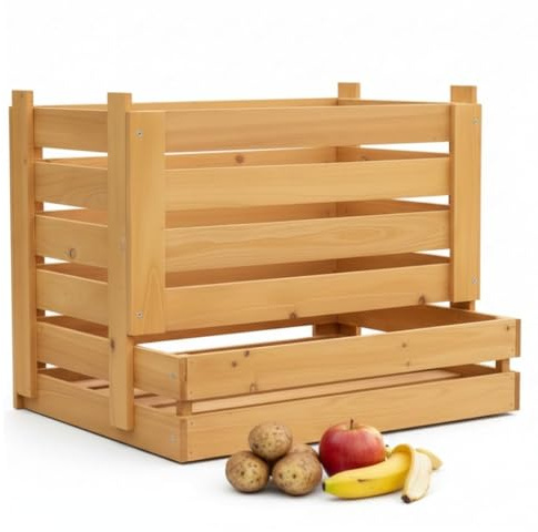 Melko Kartoffelkiste Obstkiste aus Fichtenholz stapelbar 58x38x42 cm Braun | Weinkiste und Gemüsekiste, offene Paneloptik für Belüftung, für Keller, Terrasse und Balkon, auch als Deko nutzbar