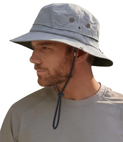 Hat Hut Sonnenhut für Herren, Wasserdichter Fischerhut, LSF 50+ breite Krempe, Regenhut, Outdoor Bucket Hat, Wandern, Allwetter (DE/NL/SE/PL, Alphanumerisch, Einheitsgröße, Grau)