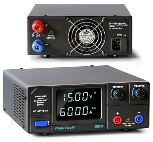 PeakTech 6168 – Alimentación de laboratorio DC 1-15 V/0-60 A @ 900 W pantalla de segmento LED, fuente de alimentación de alta potencia con voltaje de salida ajustable, alimentación de laboratorio