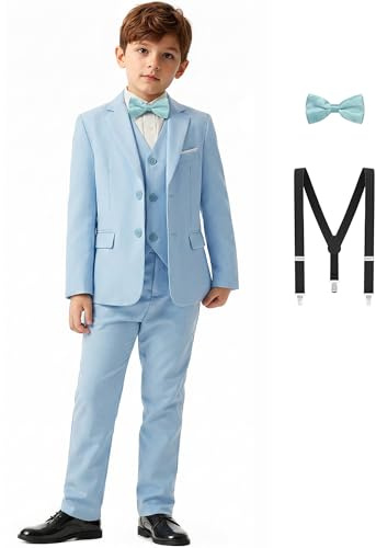 Garçon Costumes 5 pièces 4‑14 Ans Classiques, idéal pour Mariage et fêtes | Comprend veste, gilet, pantalon, bretelles, nœud papillon. Élégant confortable pour mariage, fêtes, bal annuel.