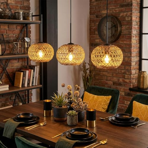 HOFSTEIN Hängeleuchte Mulstrand, 3-flammige Hängelampe aus Metall/Papiergeflecht in Schwarz/Natur, moderne Pendelleuchte im Boho/Vintage-Design (Schirme Ø 20 cm), E27, Esszimmer, Küche, Wohnzimmer