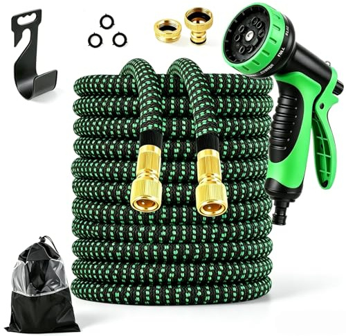 Flexibler & Dehnbarer Gartenschlauch 30m Grün, Robuster Wasserschlauch aus Polyester & Latex, Knickfest & Leicht, Messinganschlüsse 1/2+3/4, Für Garten, Balkon, Autowäsche
