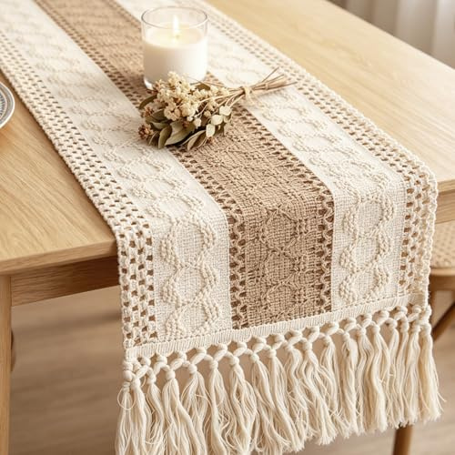 Runner Tavola Moderno, Runner Tavola Runner Tavolo in Cotone e Lino con Frange Intrecciate, Stile Bohème Elegante per Matrimonio Festa Giardino come Versatile Decorazione da Tavolo, 30x180cm