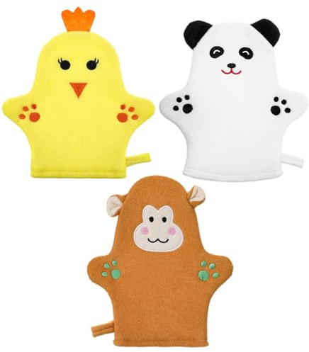 FNANJWQ 3 Stück Baby Badewaschhandschuhe, Mikrofaser-weiche Waschlappen für Kinder, in niedlichem Tierdesign, sanftes Baumwolltuch für Baby Mädchen und Jungen, Bad & Dusche