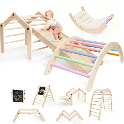 SOFTHOM 9 in 1 Montessori Klettergerüst Indoor, Indoor Spielset ab 1 Jahr, Verformbares&Faltbar Kletterdreieck für Kinder, Kletterbogen, Kissen, Rutsche, Tafel, Sicher Stabil Indoor Spielplatz, Natur