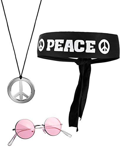 Balinco Hippie Kostüm Set Damen, Unisex, Peace Kette, Peace Ohrringe, Hippie Brille, 70er Jahre Outfit, Karneval, Fasching, Festival, Mottoparty