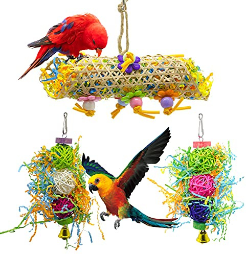 EBaokuup 3Pack Bird Chewing Toys Foraging Shredder Toy Parrot Cage Bird Loofah Hanging Toy for Cockatiel Conure African Grey Parrot