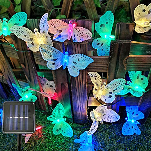 Sunboia Solar Schmetterling Lichterkette Außen Solar Deko Beleuchtung 20LED Wasserdicht LED Solar Dekorative Lichter für Garten Terrasse Hof Bäume Innen & Außen