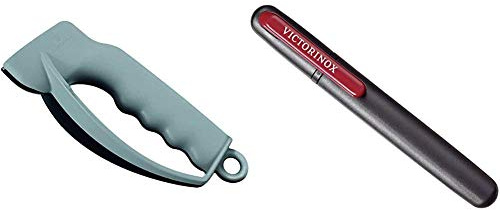 Victorinox Messerschärfer Klein für Taschenmesser und Wellenschliff Messer, grau & Dual-Messerschärfer, Tragbar, Schleifstein für Grobschliff, Keramikplättchen für Feinschliff