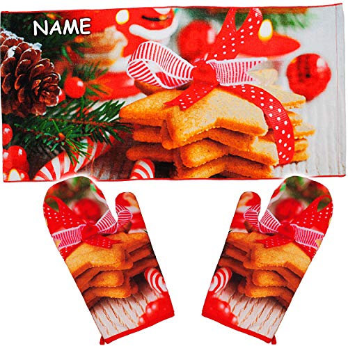 alles-meine.de GmbH 3 TLG. Set: Ofenhandschuhe/Topfhandschuhe + Geschirrtuch - Plätzchen - Weihnachten - inkl. Name - hitzebeständig - Grillhandschuhe mit extra Langen Schaft /..