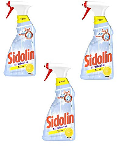 Sidolin Zitrus, Glasreiniger, Sprühflasche, 3x500ml, für einen perfekten Glanz und gegen Mikrorisse