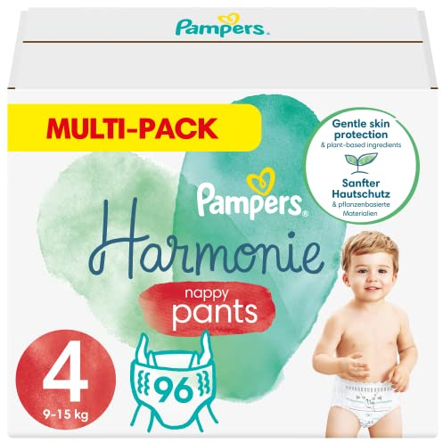 Pampers Harmony Pants Größe 4 (9-15kg) 0% Kompromiss, 100% Saugfähigkeit, pflanzliche Inhaltsstoffe, leicht zu wechseln, 96 Windeln (4x24er Pack)