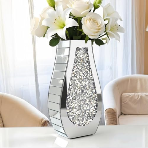 ALLARTONLY Blumenvase Crushed Diamond Spiegelvase Kristall Silber Glas Dekorative Spiegel Vase Große Größe Luxus für Home Decor Bogenförmig Verdickt Kann kein Wasser halten