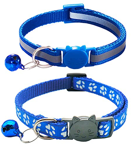 Qinao Katzenhalsband, reflektierend, mit Glöckchen und Sicherheitsverschluss, Marineblau, 2 Stück