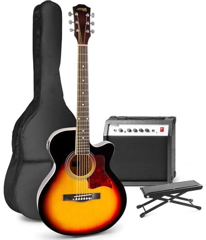 MAX Guitarra Electroacústica Sunburst con Amplificador 40W – Set Completo con Reposapiés, Funda, Correa, Afinador Clip, Púas, Cables y Juego de Cuerdas para Niños y Adultos