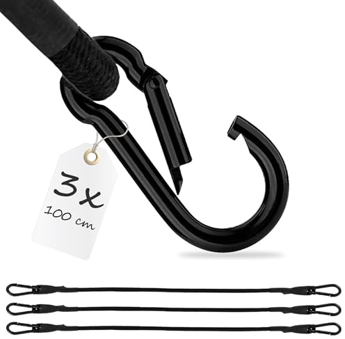 ECENCE 3x spänngummi med karbinhake 100cm in svart Spännband av gummi, spännband för bagage, expander, spännrep för cykel, bil, bagage, transportsäkerhet