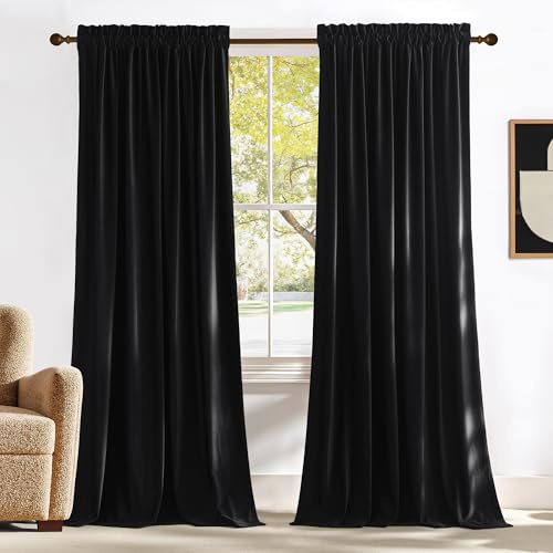NICETOWN Black Blackout Extra Long Velvet Curtains 120 inches Long for Backdrops, Thermal Insulated Noise Reducing Velvet Drapes for Film Large Door Windows (2 Panels, 52 x 120)