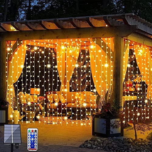 KINGCOO Solar Lichtervorhang Aussen, Wasserdicht 2x3M 192LED Vorhang Wasserfall Lichter Solar Lichterketten Fernbedienung Timer 8Modi für Innen Außen Gartendeko Balkon Hochzeit Weihnachten(Warmweiß)