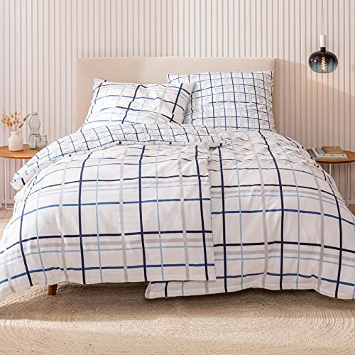 Maritime Winter Bettwäsche Käptn Karo, 100% Baumwolle in Biber/Flanell, weiß, blau & grau kariert, 80x80 + 135x200 cm