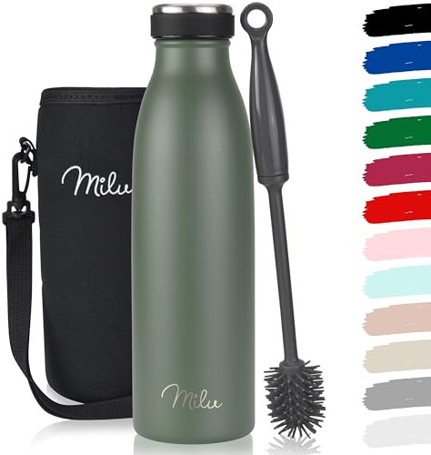 Milu Edelstahl Trinkflasche 350ml 500ml 750ml 1L 1,5L Thermosflasche Isolierte Wasserflasche, Auslaufsichere Isolierflasche doppelwandig, Kohlensäure geeignet – inkl. Reinigungsbürste (Olivgrün 500ml)