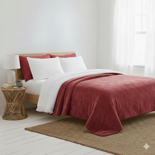 HaraDeco-Manta para Cama 135/140 de Borrego Sherpa, Acolchado Relleno Ligera, Manta Franela Termosellado Reversible Elegante para Regalo, Invierno, Entretiempo(Granate, 220x240cm)