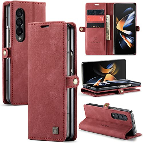 EYZUTAK Wallet Case for Samsung Galaxy Z Fold 4, Retro Matte Premium Protective Leather Case 3 Card & 1 Cash Slot with RFID Blocking Viewing Stand Magnetic Closure TPU Shell Flip Cover - Red
