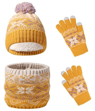 Waylipun Ensemble de Bonnet Echarpe Gants Hiver pour Enfants de 2 à 7 Ans avec Doublure Double Épaisseur, Bonnets Tricotés avec Pompon et Snood Gant pour Garçons Filles (Jaune)