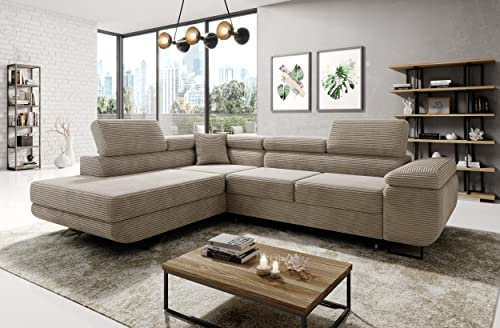 Easy4You Ecksofa Beige Avatar Kord L-Form – 277x73x203 cm - Schlafsofa mit Bettkasten und Schlaffunktion - Eckcouch mit Stauraum – Links – Stoff Kord POSO 02